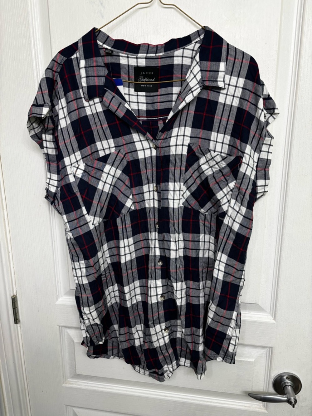 Zach's Girlfriend Ladies Short-Sleeve Shirt - Navy, White, Red, Sz L. NWT!